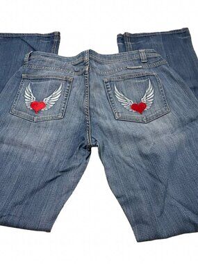 Cowgirl Tuff Heart & Wings Bootcut Jeans W33 L35 Extra Long Embroidered Stretch